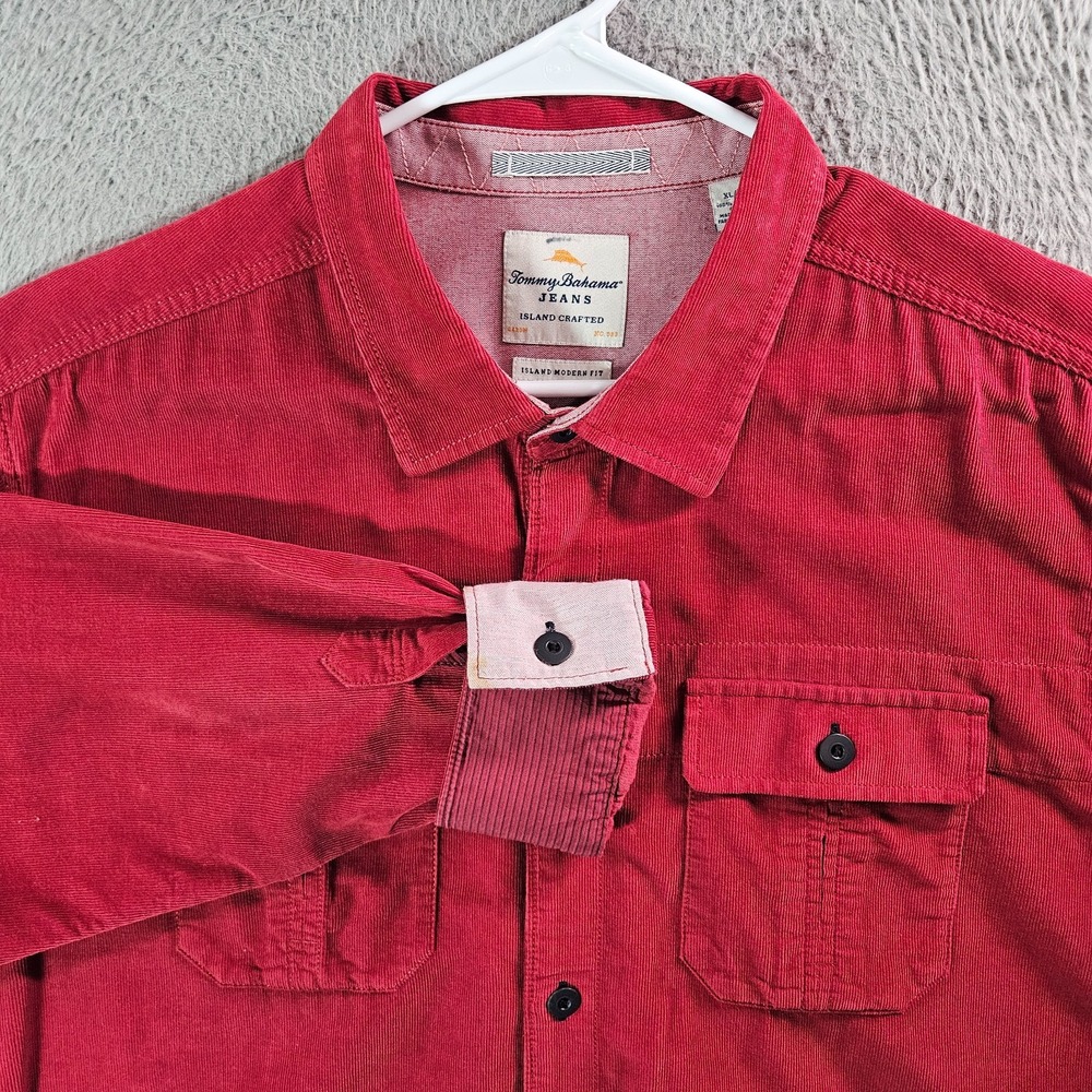 Tommy Bahama Jeans Corduroy Shirt‎ Men XL Flip Cuff Button Up Long Sleeve Red